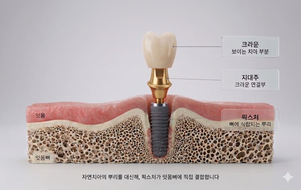 임플란트의 구조 — 픽스처, 지대주, 크라운