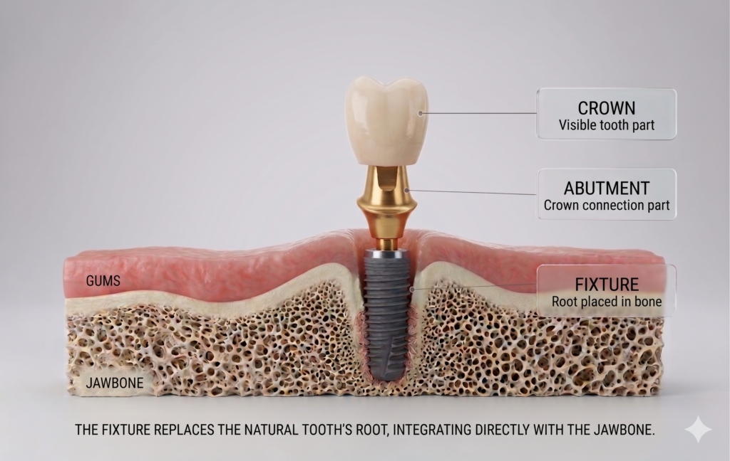 Structure of a dental implant — fixture, abutment, and crown