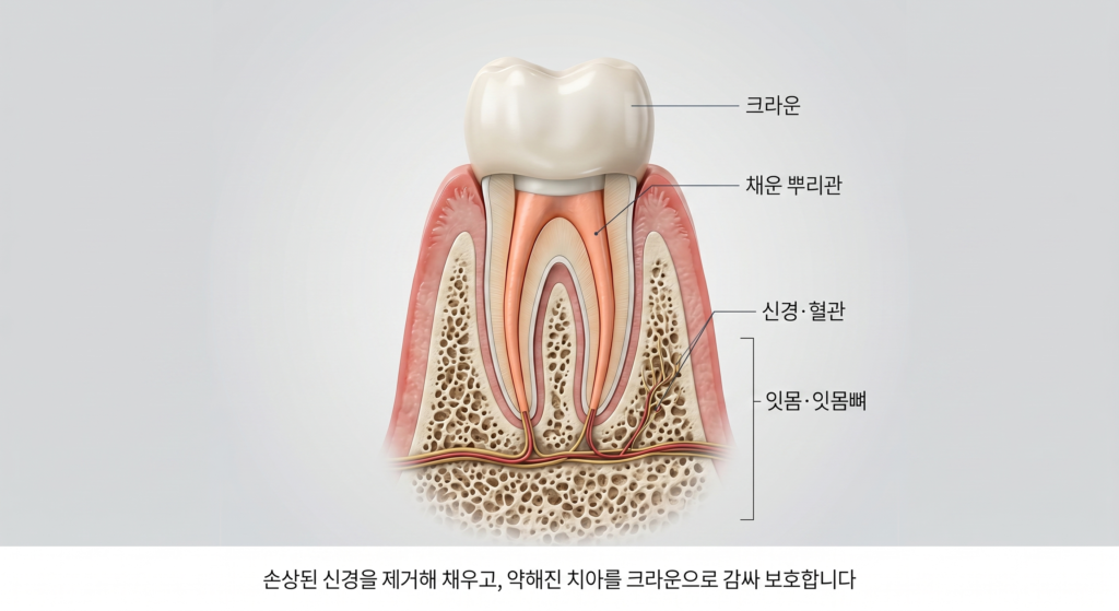 신경치료 후 크라운을 씌운 치아의 단면 구조
