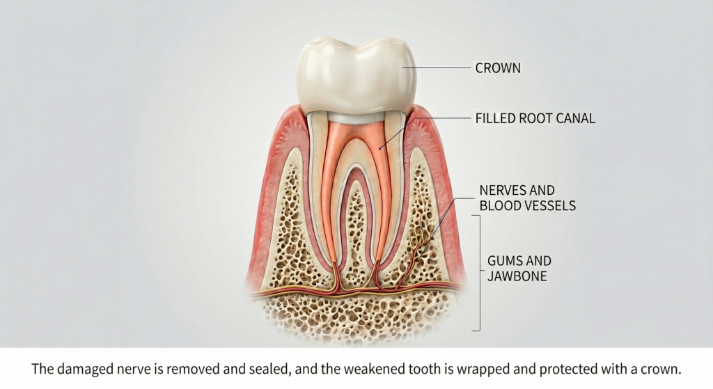 Cross-section of a tooth after root canal treatment with a protective crown