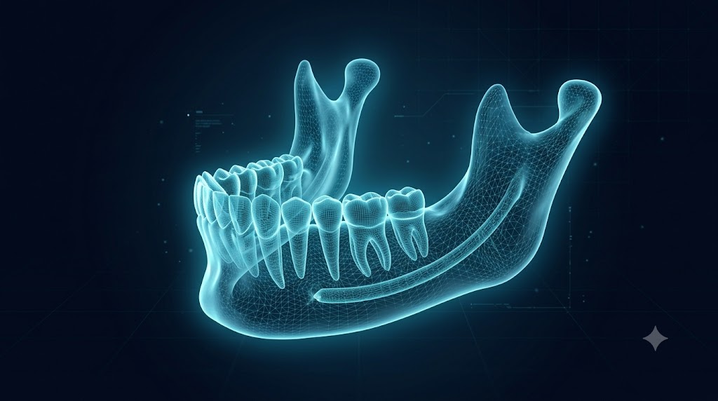 3D visualization of a dental CBCT scan showing translucent jaw and teeth