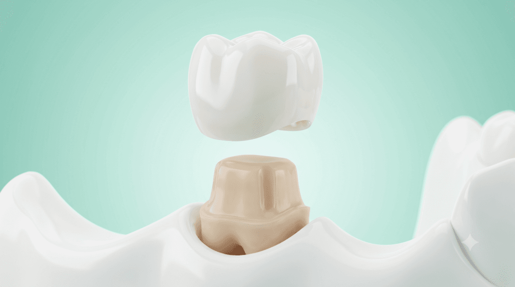 3D illustration of a ceramic dental crown separated from the prepared tooth underneath