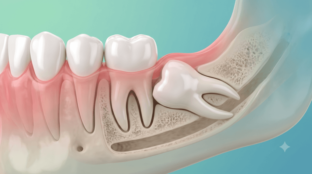 Illustration of a horizontally impacted wisdom tooth pressing against the neighboring molar