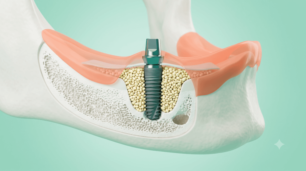 3D illustration of a dental implant with bone graft particles and a membrane in the jawbone