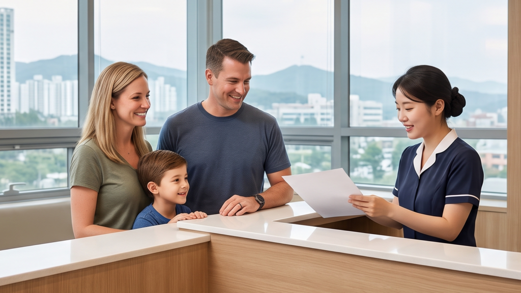 American military family receiving a treatment plan at a dental clinic reception desk near Camp Humphreys, Pyeongtaek, Korea