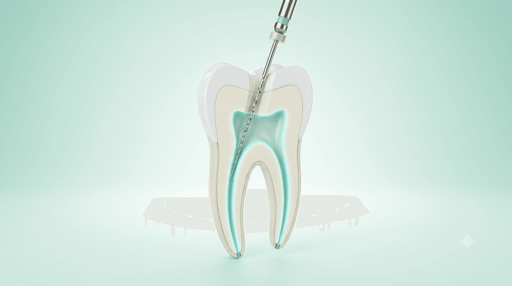 3D illustration of a tooth cross-section showing root canals during endodontic treatment