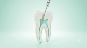 3D illustration of a tooth cross-section showing root canals during endodontic treatment